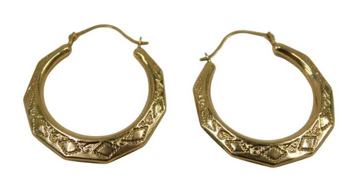A pair of hoop earrings, each of hammered Eastern style design, yellow metal stamped 375, 2.5cm...