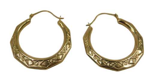 A pair of hoop earrings, each of hammered Eastern style design, yellow metal stamped 375, 2.5cm...