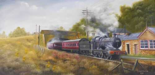 David Waller (b.1945). Steam Locomotive, - 372, oil on canvas, signed and dated 1986, 45cm x 91cm.