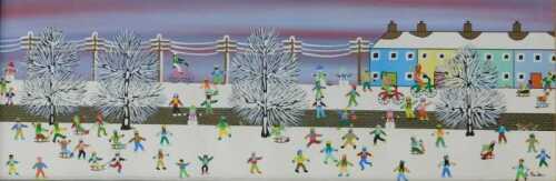 Gordon Barker (20thC). Playing in the snow, watercolour, signed and titled verso, 19.5cm x 59cm.