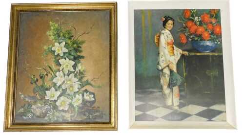After Thomas G Hill. Floral still life of flowers, printed on canvas, 59cm x 51cm, in ornate...
