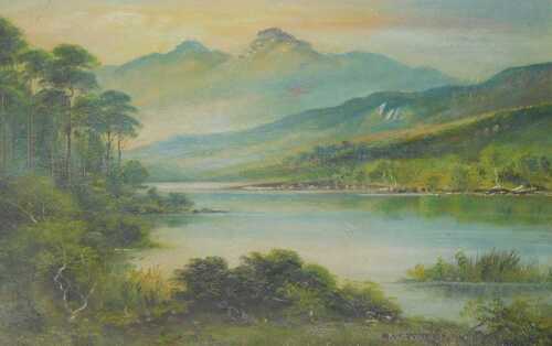 NW Pryce (20thC School). Mountain and lake scene, overpainted oil on board, 20cm x 30cm, in gilt...