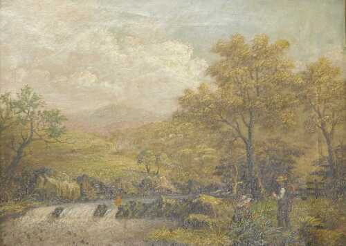 20thC School. Two fishermen by river, oil on canvas, 30cm x 39cm, in a gilt ornate frame.