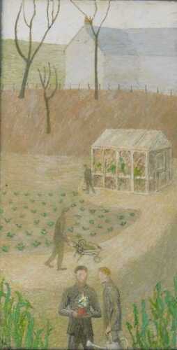 Ursula Edgcumbe (1900-1985). Figures in allotment, oil on board, initialled, 49cm x 25cm. Artist...