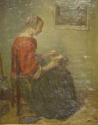 20thC School. Figure of a lady sewing, overpainted print, in gilt frame, 12cm x 9cm.