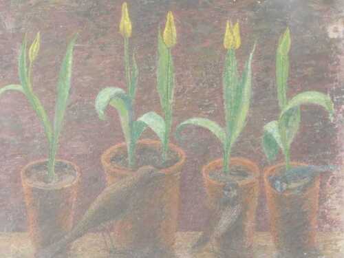 Ursula Edgcumbe (1900-1985). Plants and birds, oil on canvas, initialled and dated 1945, 43cm x...