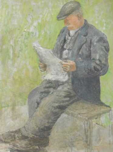 Ursula Edgcumbe (1900-1985). Old man reading, oil on canvas, 51cm x 35.5cm.