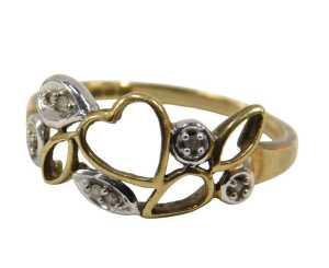 A 9ct gold dress ring, with heart and leaf pierced design, set with CZs in illusion setting,...
