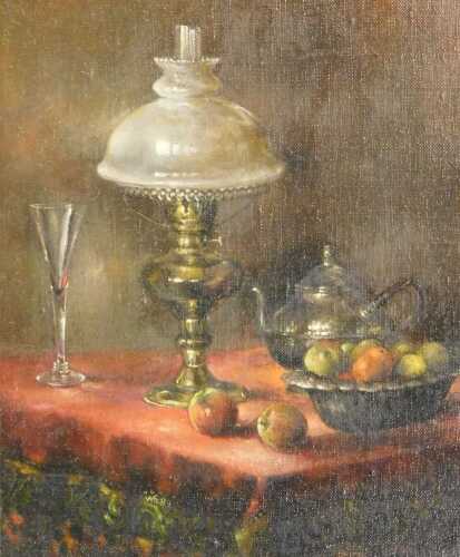 Waclaw Sobiezoj (20thC School). Still life with fruit, silver plate and oil lamp, oil on canvas...