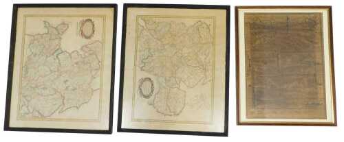 Three 19thC framed maps, comprising a map of Leicester, later stained, 35cm x 48cm, a framed map...