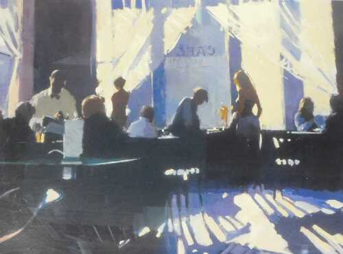 After David Farrant. Cafe scene entitled Cafe Europa, signed and titled in pencil to margin, 60cm x 75cm.