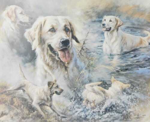 Mick Cawston (1959-2006). Golden Retrievers, artist signed limited edition print number 694/950,...