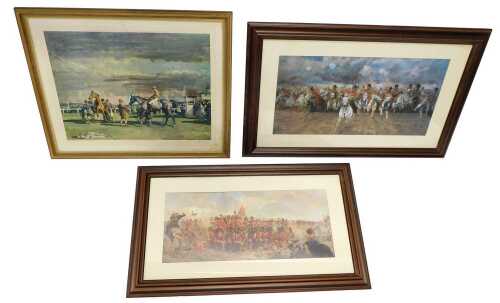 After Alfred Munnings. After the Race, coloured print, 60cm x 73cm, (AF), and two coloured...