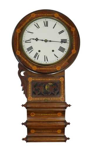 A 19thC American drop dial wall clock, with parquetry inlaid walnut case, label for Superior...