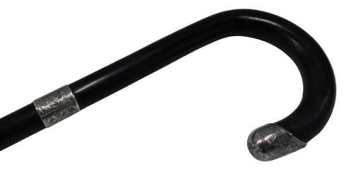 A 20thC ebonised walking cane, with rubbed end, hook top, silver end and collar, 88cm long.