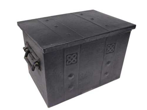 A 20thC iron deeds box, with Art Nouveau banded front and heavy handles, plain interior, 32cm...