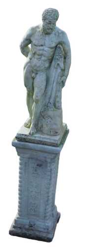 A stone garden statue of Hercules, and plinth, 119cm high.
