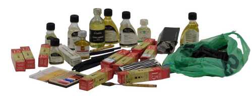 Various charcoal, Crimson Blake, Rowney, and others, linseed oil, retouching varnish, other...