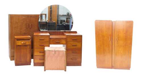 An Art Deco mahogany and burr wood bedroom suite, comprising tallboy with two doors and a drawer,...