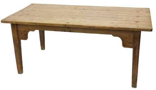 A 19thC pine kitchen table, the slatted top on heavy square legs, 74cm high, 169cm wide, 90cm deep.