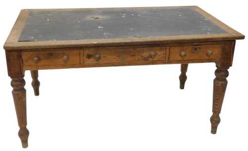 A 19thC pine kitchen table, with leather insert and three drawers, on heavy turned legs, 78cm...