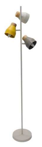 A contemporary three branch floor light, in cream with yellow and grey shades, 158cm high.