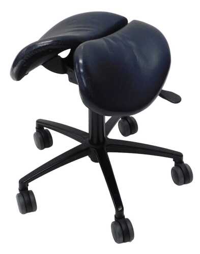 A 20thC Tehty Suomessa Finnish Multi-adjust Salli style saddle stool, with blue leather two...