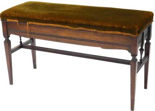 An Edwardian duet stool, with overstuffed seat, on square turned legs, 50cm high, 90cm wide,...