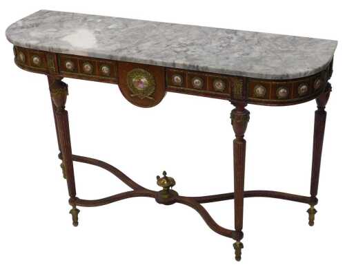 A Louis XV style D end side table, the two coloured marble finish top raised above a frieze with...