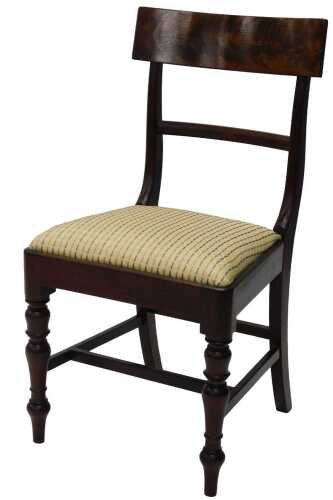 A 19thC flame mahogany dining chair, with horizontal splat, drop in seat in later material, and...