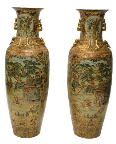 A pair of Chinese floor-standing pottery vases, of large proportion, each with compressed...
