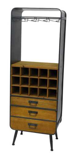 A Camden metal and wood bar unit, with spaces for bottles above three drawers, in a metal...