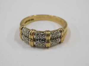 A 9ct gold double row dress ring, formed as three white metal sections, each set with four tiny... - 3