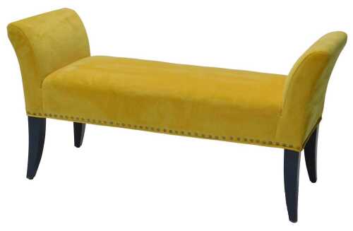 A modern two seater window seat, in yellow material with scroll ends, on sabre legs, painted...