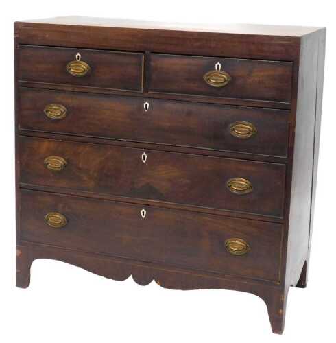 An early 19thC mahogany chest of two short and three long drawers, with bone escutcheons and...
