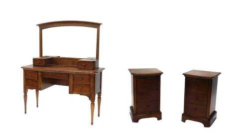 A late 20thC mahogany finished bedroom trio, comprising mirror back dressing table and two three...