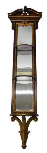 A late 20thC gilt metal and hardwood mirror back shelf set, with gilt highlights, 143cm high.