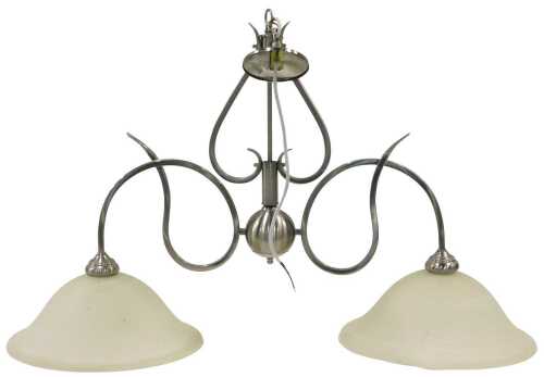 A polished silver coloured metal ceiling light, with two marbled white glass shades and...