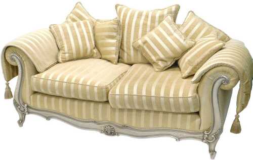 A three seater settee, with cushions and armrests, in striped material, with elaborate scroll...