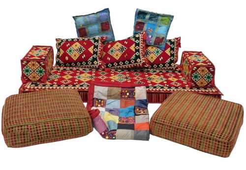 Various Moroccan cushions, patchwork quilt, etc. (a quantity)
