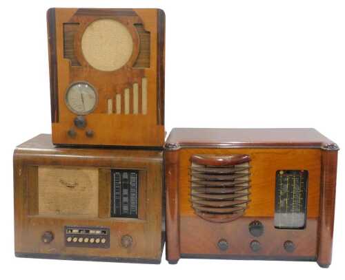 Three various mid 20thC radios, walnut cased example, another in shaped case, etc. (3) WARNING!...