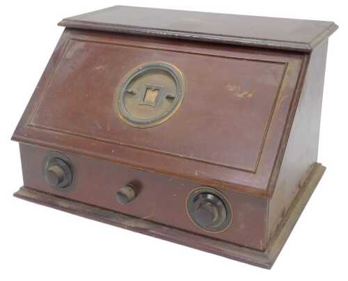 A mid 20thC Marconi Marconiphone receiver type 32, in a fitted case with hinged lid, 36cm high....