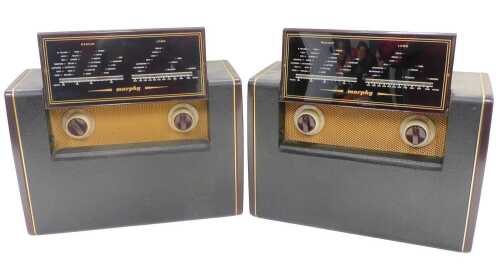 A 1950s vintage Murphy portable radio, in purple trim with fixed handle, 30cm high, and another...