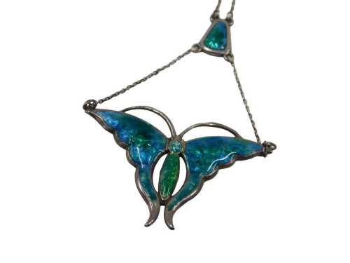A Charles Horner style Art Nouveau butterfly enamel necklace, of two tier drop design, in blue...