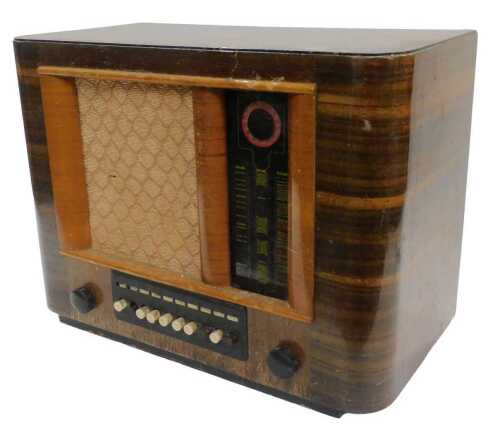 A mid-20thC walnut cased vintage Bush radio, in D end case, type PB53, Harrods label marked set...