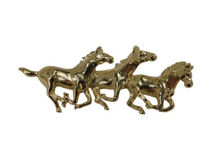 A horse bar brooch, formed as three galloping horses, with a plated gold coloured finish stamped...