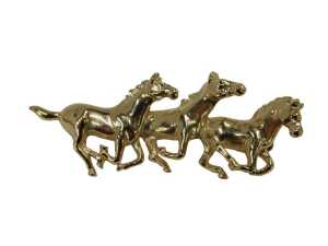 A horse bar brooch, formed as three galloping horses, with a plated gold coloured finish stamped...