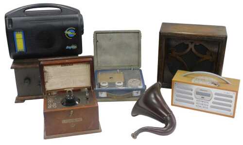 Various radios, receivers, Gecophone, BBC receiver BC1001, brown tin horn, 25cm high, other...