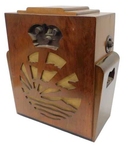 A mid 20thC walnut cased PYE Art Deco Sunrise style radio, 51cm high. WARNING! This lot contains...