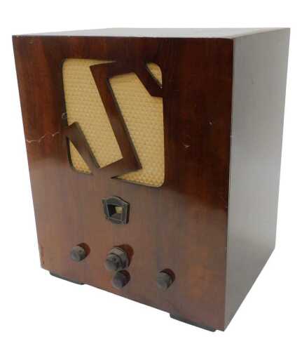 A mid 20thC Art Deco style walnut cased radio, with S shaped speaker, 42cm high. WARNING! This...